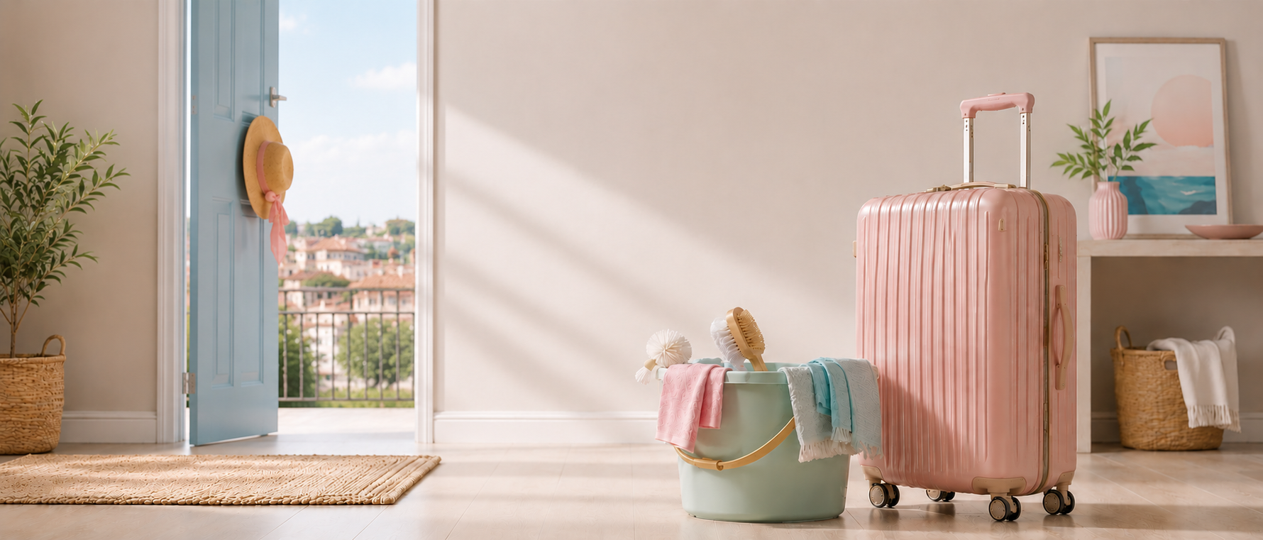 Valigia e secchiello in una stanza pronti per le pulizie straordinarie post vacanze.
