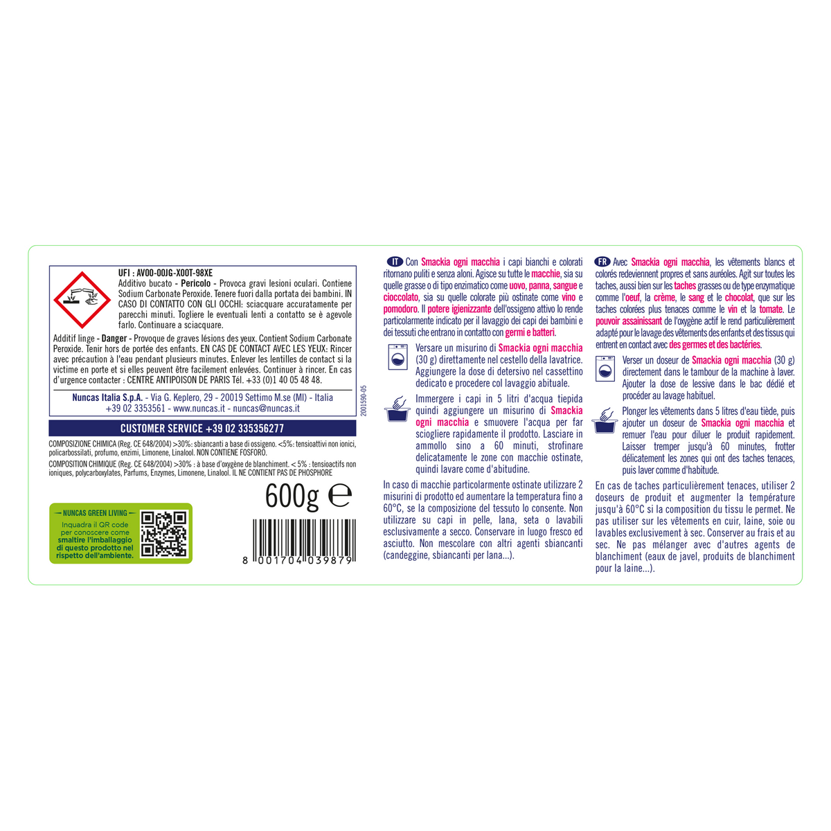 Smackia Smacchiante Ogni Macchia - 600g | Additivo sbiancante per capi bianchi e colorati | Nuncas