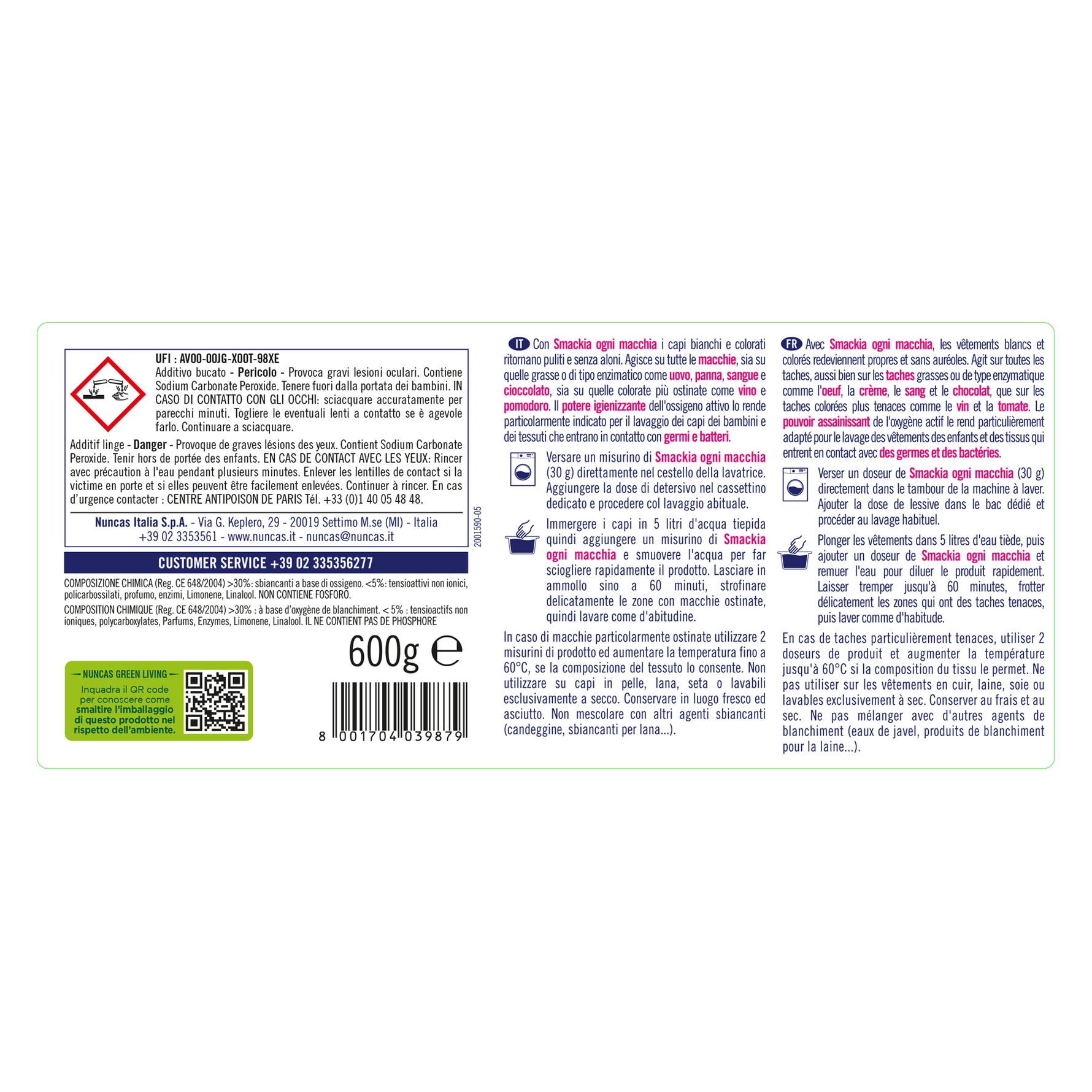 Smackia Smacchiante Ogni Macchia - 600g | Additivo sbiancante per capi bianchi e colorati | Nuncas