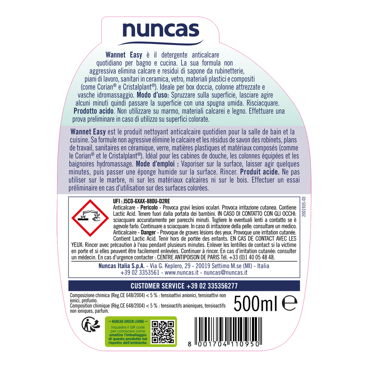 Wannet Easy Detergente Anticalcare - 500ml | Anticalcare quotidiano ideale per box doccia | Nuncas