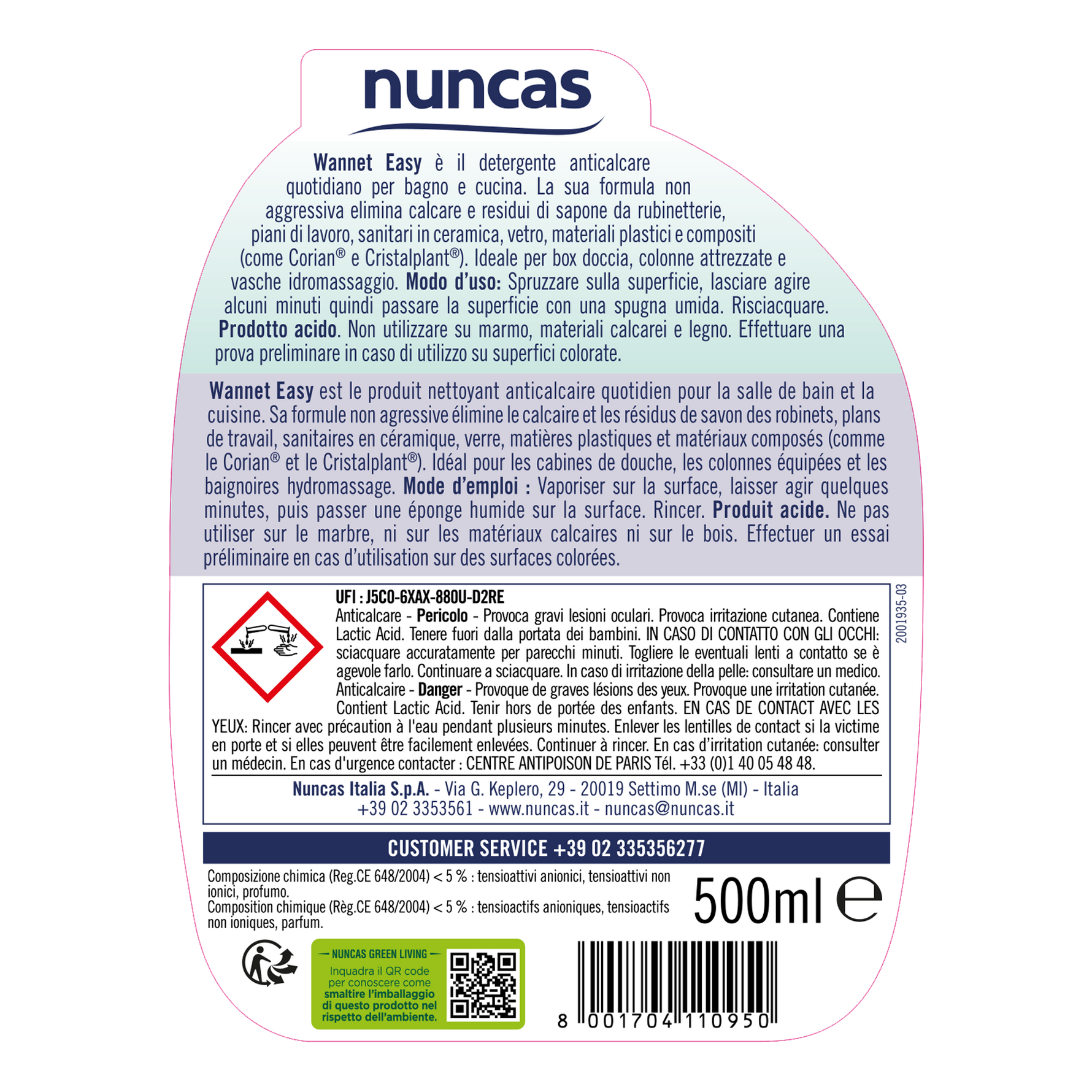Wannet Easy Detergente Anticalcare - 500ml | Anticalcare quotidiano ideale per box doccia | Nuncas