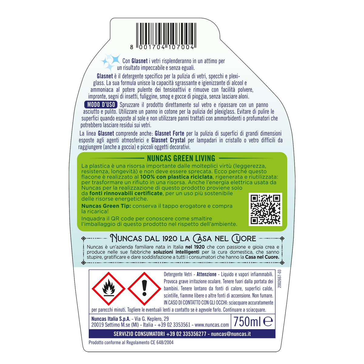 Glasnet Detergente Vetri e Specchi - 750ml | Spray vetri che non lascia aloni, adatto anche per il plexiglass | Nuncas