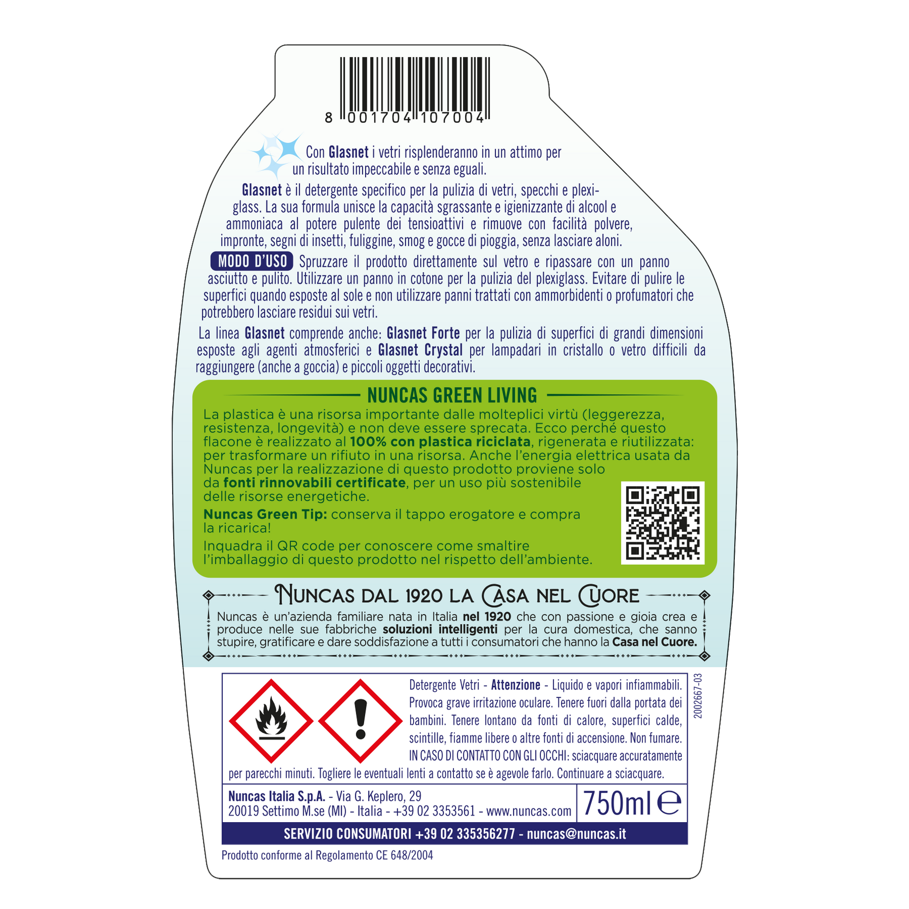 Glasnet Detergente Vetri e Specchi - 750ml | Spray vetri che non lascia aloni, adatto anche per il plexiglass | Nuncas