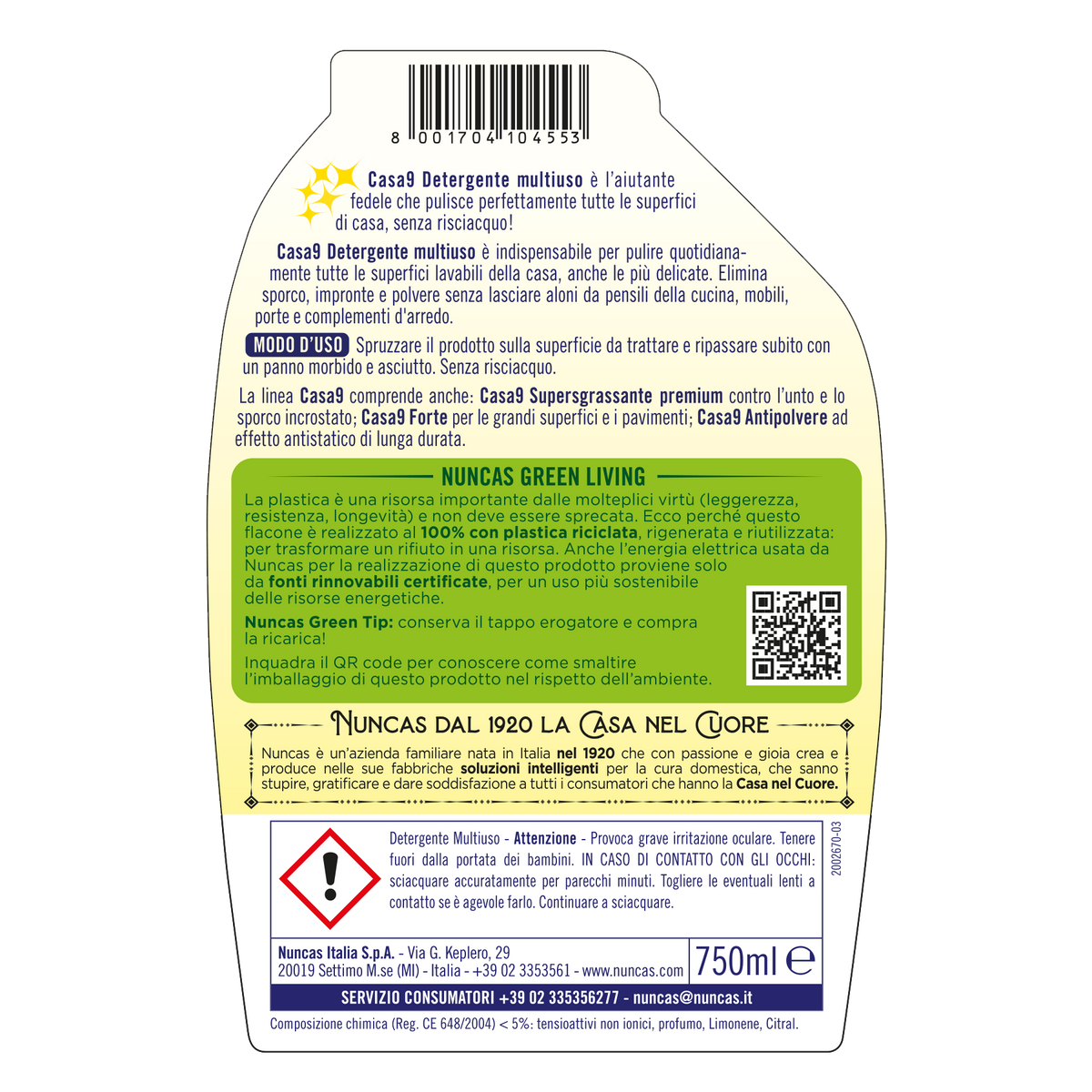 Casa9 Detergente Spray Multiuso - 750ml | Sgrassante per tutte le superfici della casa | Nuncas