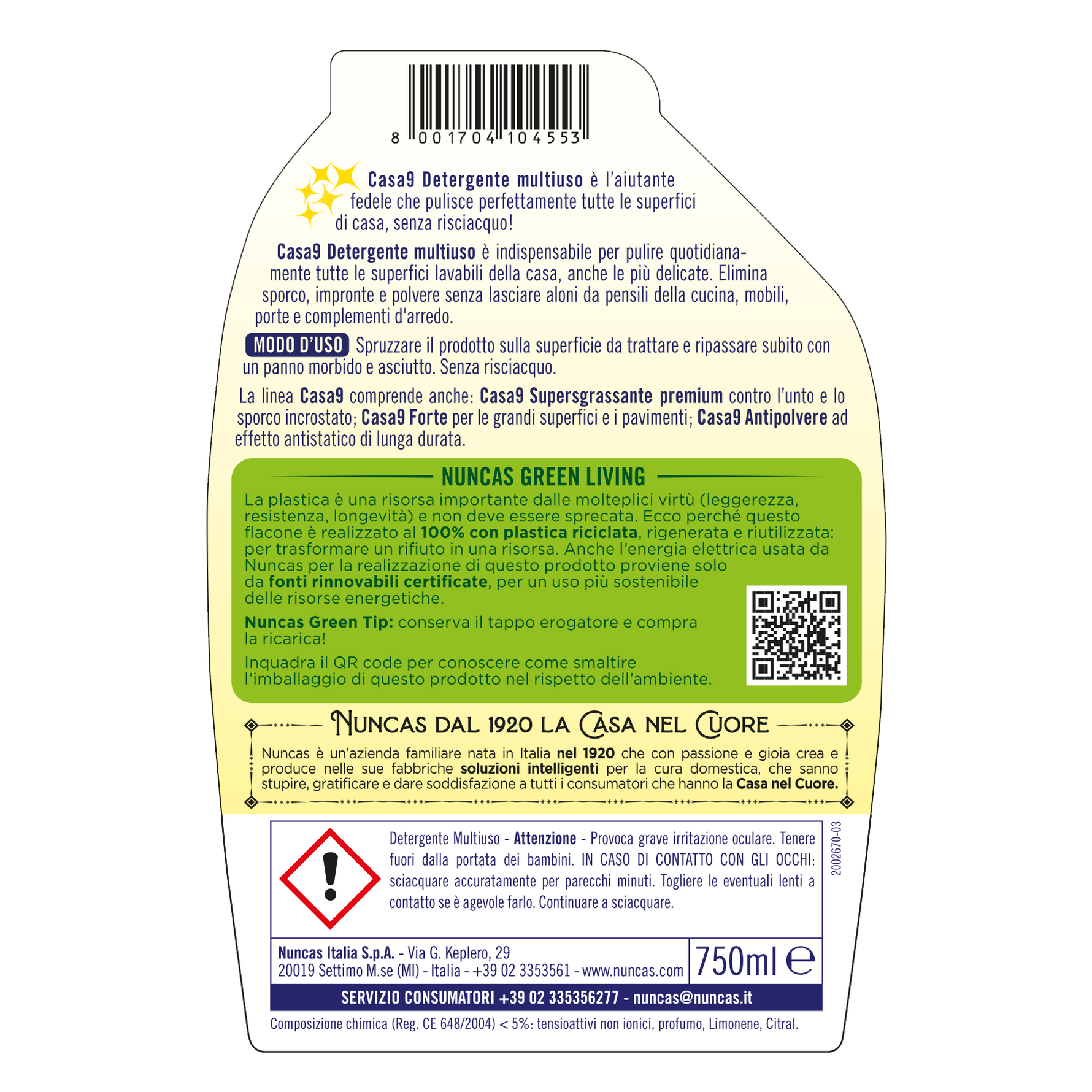 Casa9 Detergente Spray Multiuso - 750ml | Sgrassante per tutte le superfici della casa | Nuncas