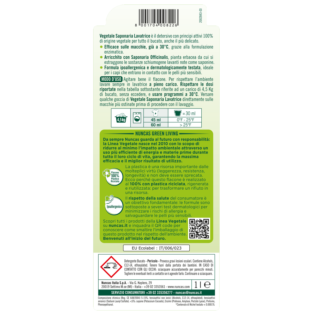 Vegetale Saponaria Detersivo Lavatrice - 1000ml | Nuncas