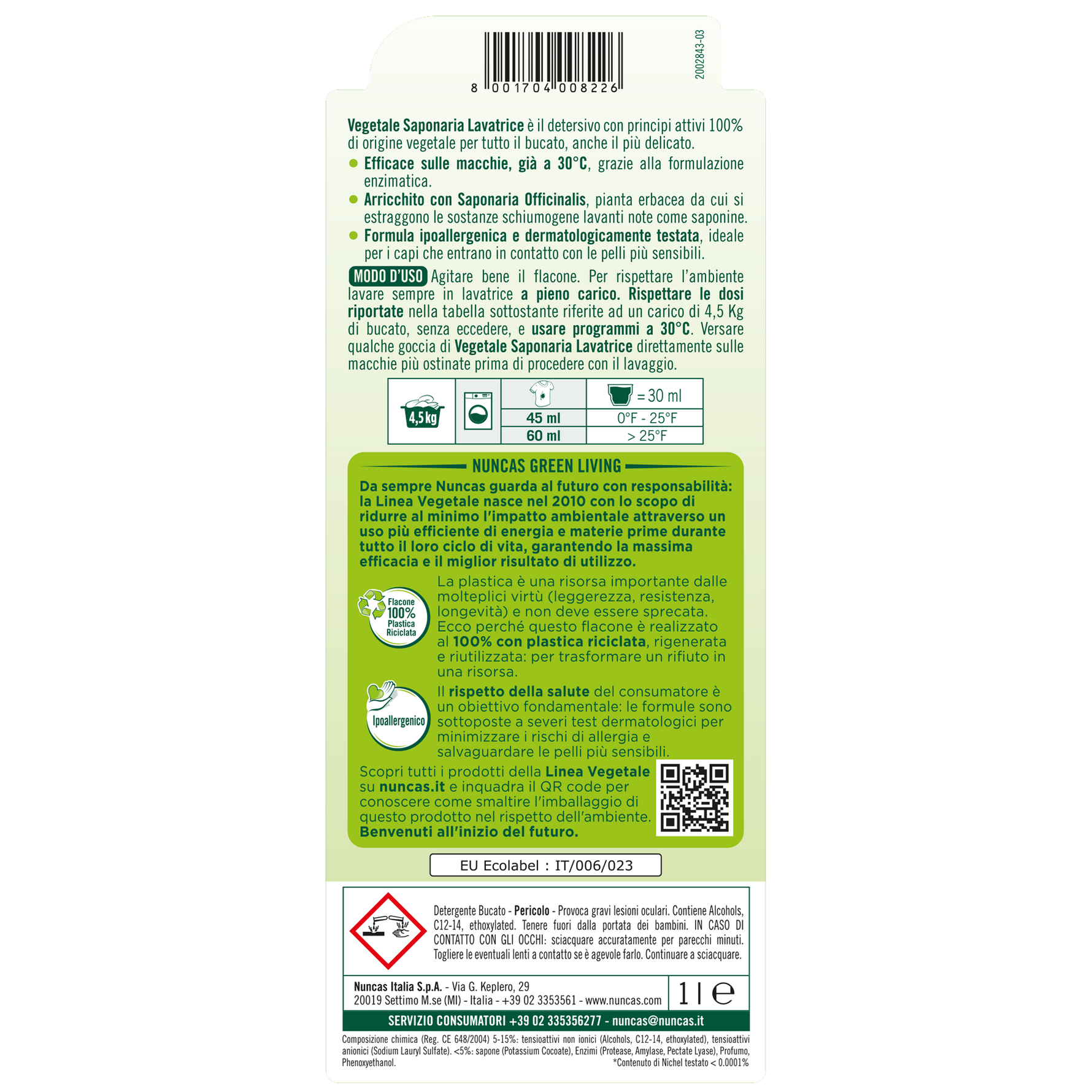 Vegetale Saponaria Detersivo Lavatrice - 1000ml | Nuncas