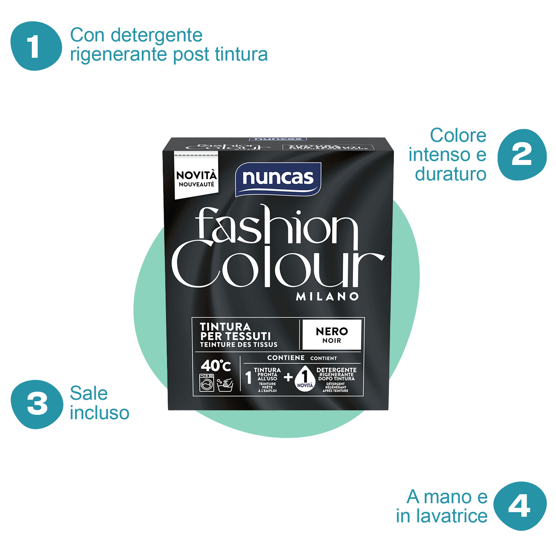 Fashion Colour Milano Tintura Nero | Tintura in polvere per tessuti con detergente rigenerante | Nuncas