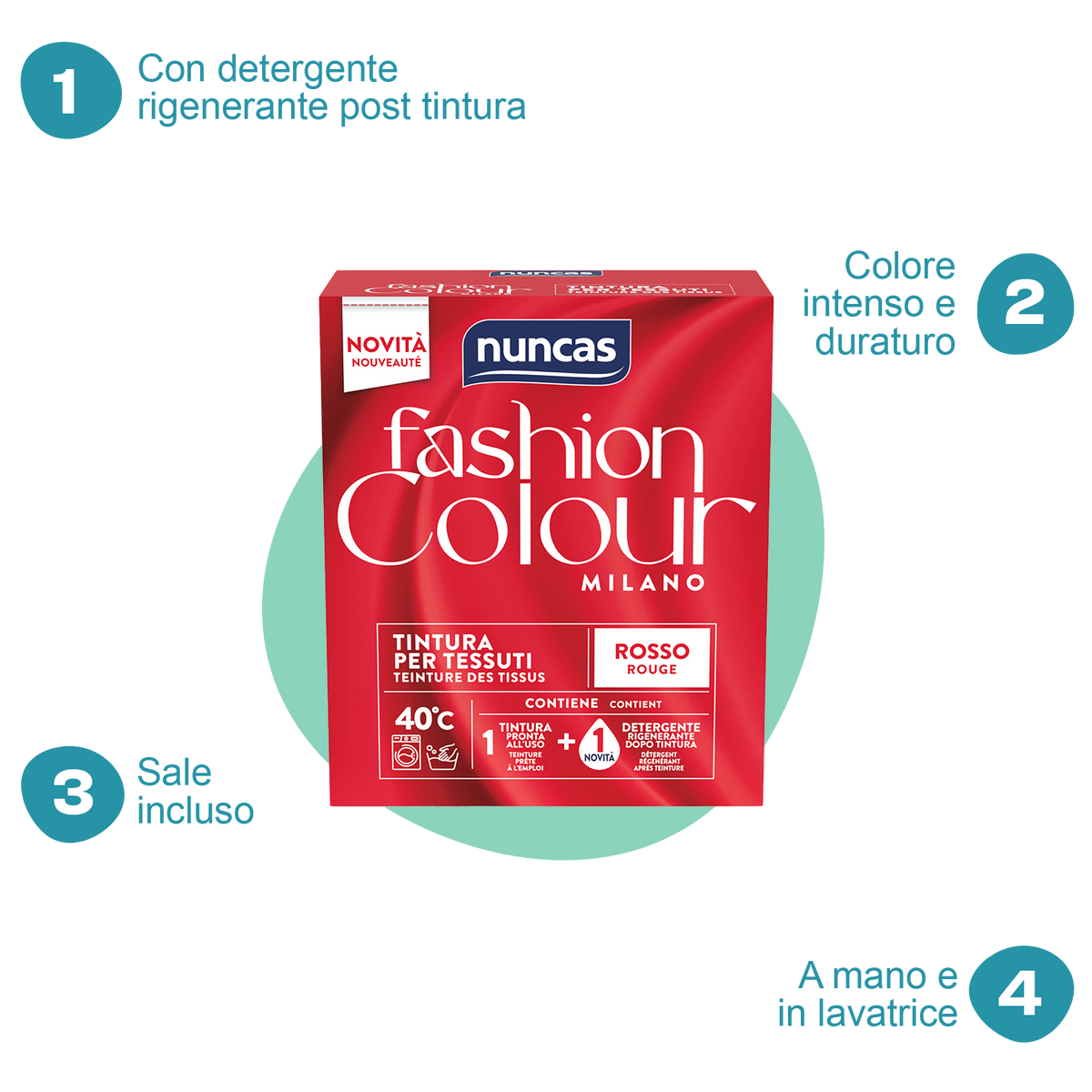 Fashion Colour Milano Tintura Rosso | Tintura in polvere per tessuti con detergente rigenerante | Nuncas