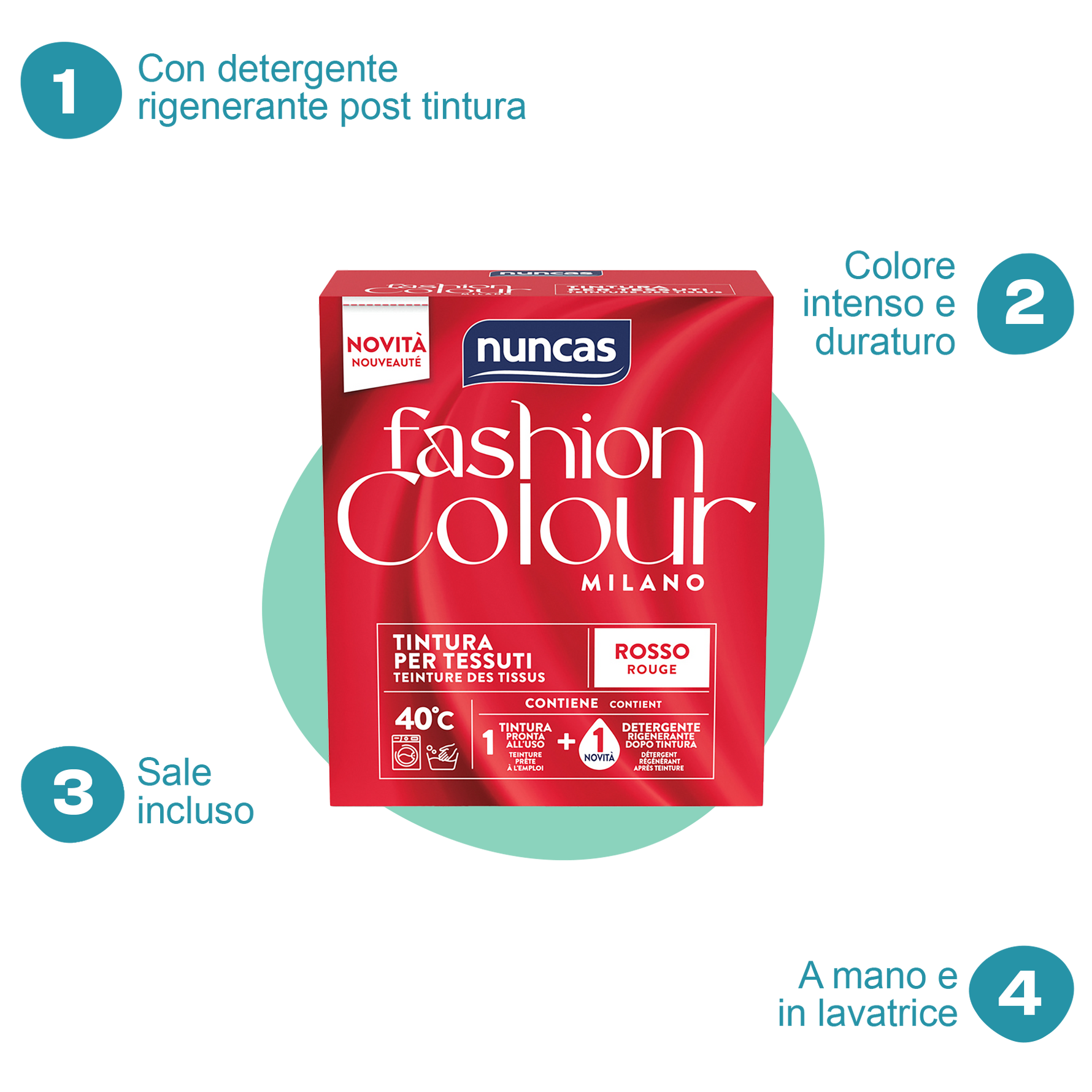 Fashion Colour Milano Tintura Rosso | Tintura in polvere per tessuti con detergente rigenerante | Nuncas