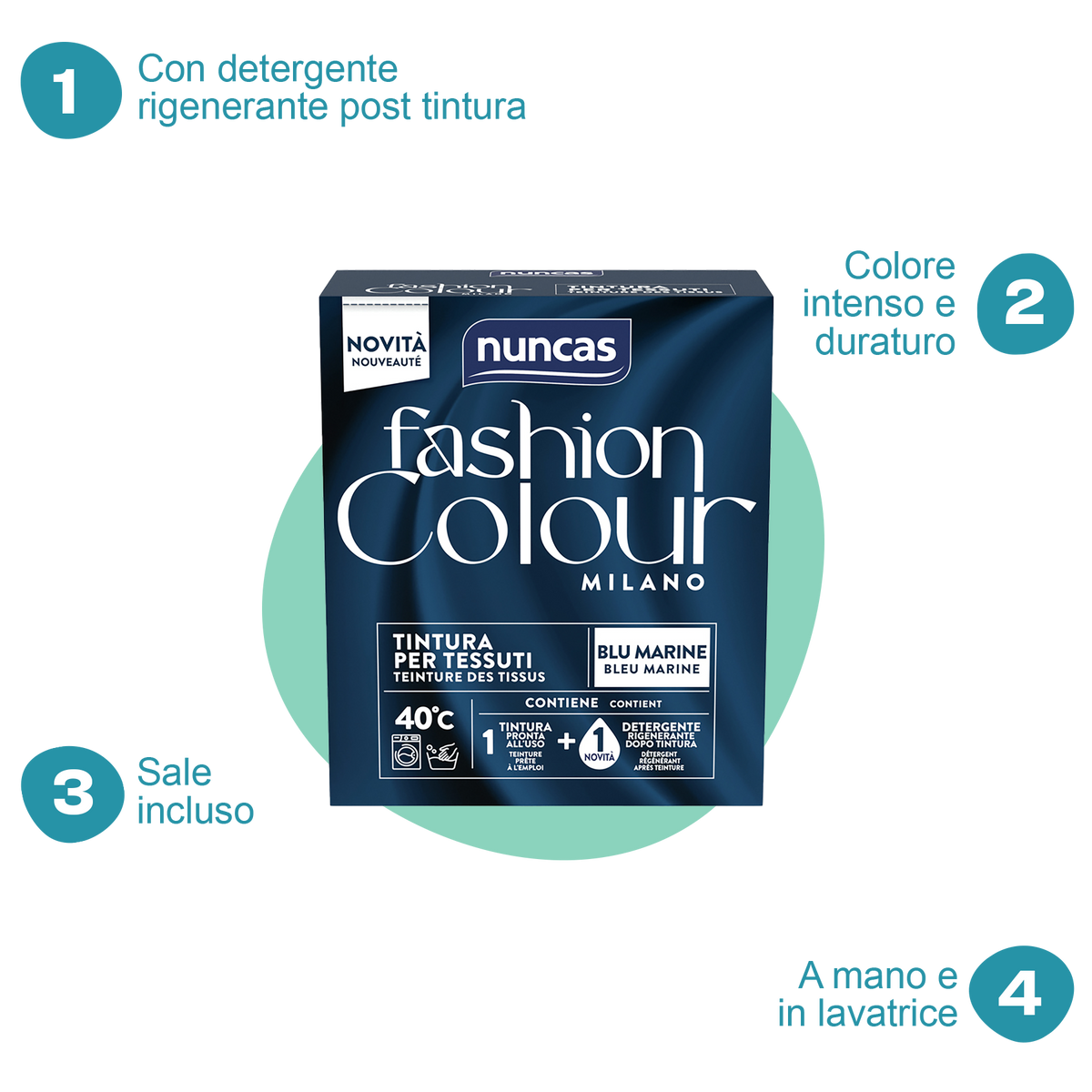 Fashion Colour Milano Tintura Blu Marine | Tintura in polvere per tessuti con detergente rigenerante | Nuncas