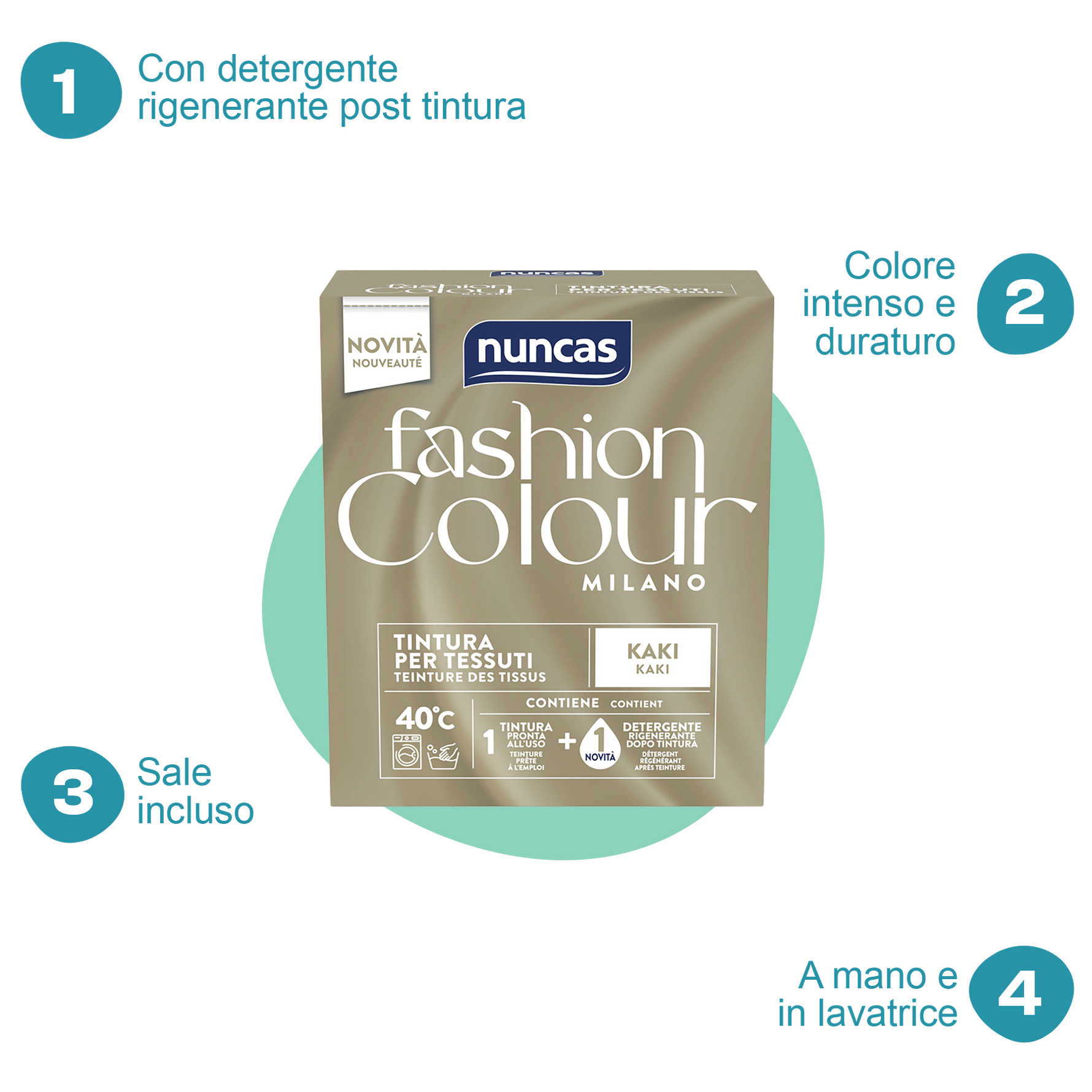 Fashion Colour Milano Tintura Kaki | Tintura in polvere per tessuti con detergente rigenerante | Nuncas