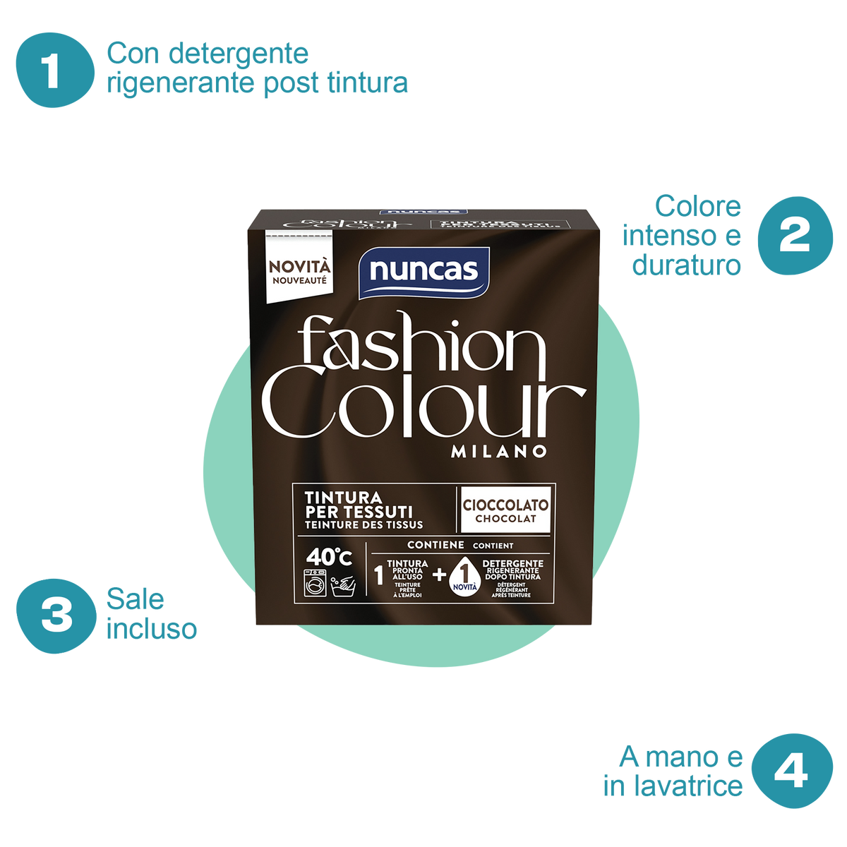 Fashion Colour Milano Tintura Cioccolato | Tintura in polvere per tessuti con detergente rigenerante | Nuncas