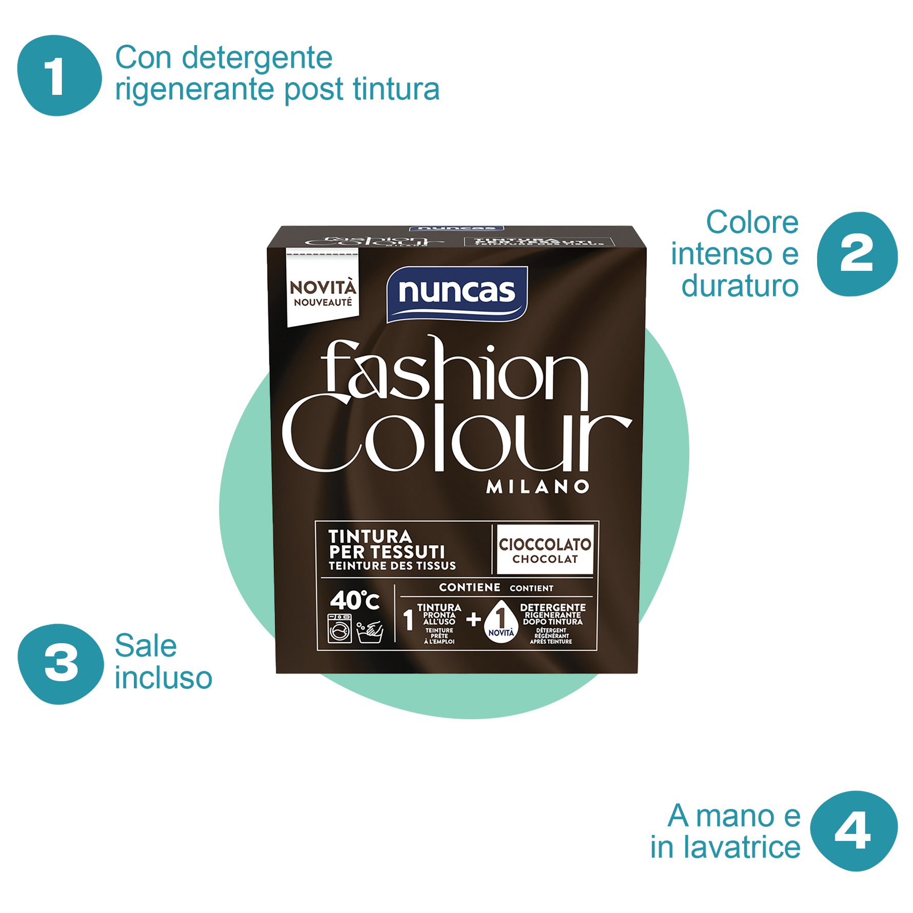 Fashion Colour Milano Tintura Cioccolato | Tintura in polvere per tessuti con detergente rigenerante | Nuncas