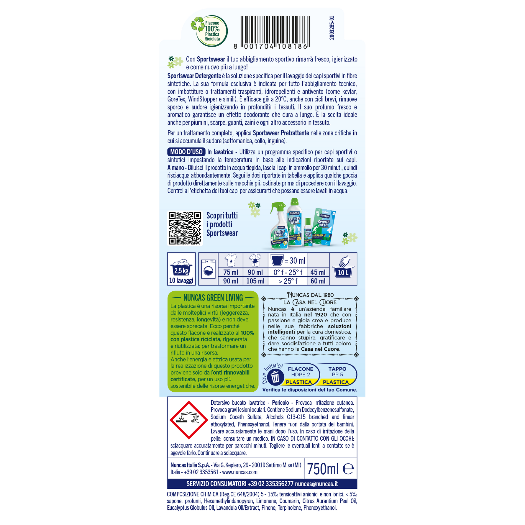 Sportswear Detergente Specifico Capi Tecnici - 750ml | Nuncas