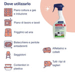 Dove utilizzare il prodotto Cucina sgrassante? Su superfici a contatto con gli alimenti come: piano cottura a gas e induzione, piano di lavoro, tavoli, friggitrici ad aria, bistecchiere, pentole antiaderenti, seggioloni, contenitori in plastica, affettatrici e coltelli, tutti i tipi di taglieri.