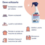 Dove utilizzare Cucina Anticalcare? Su superfici a contatto con gli alimenti come: scolapasta e cestelli per cottura, ripiano scolapiatti, lavelli e rubinetterie, pentole in acciaio con macchie da bollitura, serbatoi d'acqua di macchine del caffè, bollitori anche elettrici, borracce e caraffe.