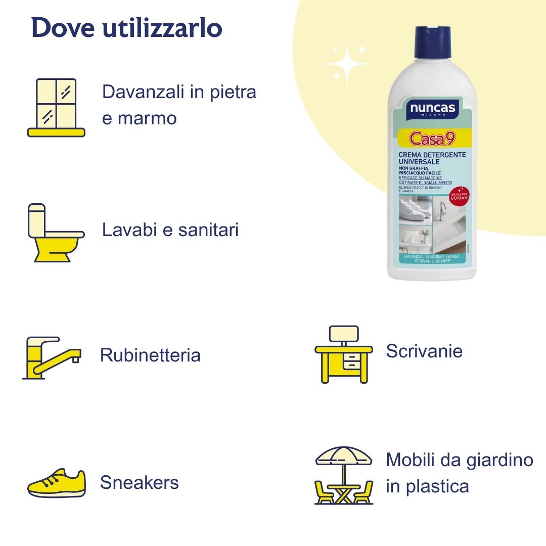 Dove utilizzare Casa9 Crema Detergente Universale? Su superfici come: davanzali in pietra e marmo, lavabi e sanitari, rubinetteria, sneakers, scrivanie e mobili da giardino in plastica.