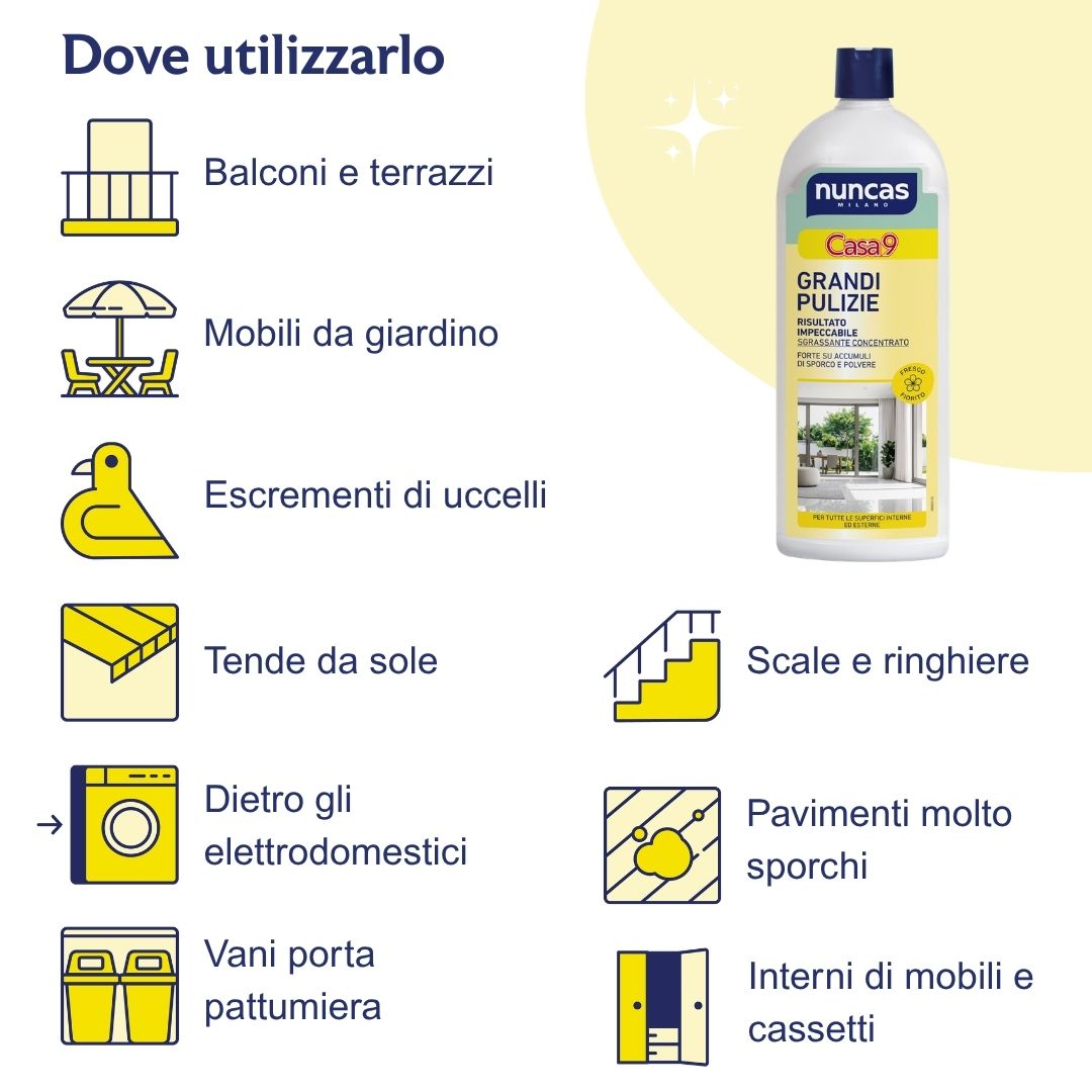 Dove utilizzare Casa9 Grandi Pulizie? Su superfici come: balconi e terrazzi, mobili da giardino per togliere escrementi di uccelli, tende da sole, dietro gli elettrodomestici, vani porta pattumiera, scale e ringhiere, pavimenti molto sporchi, interni di mobili e cassetti.