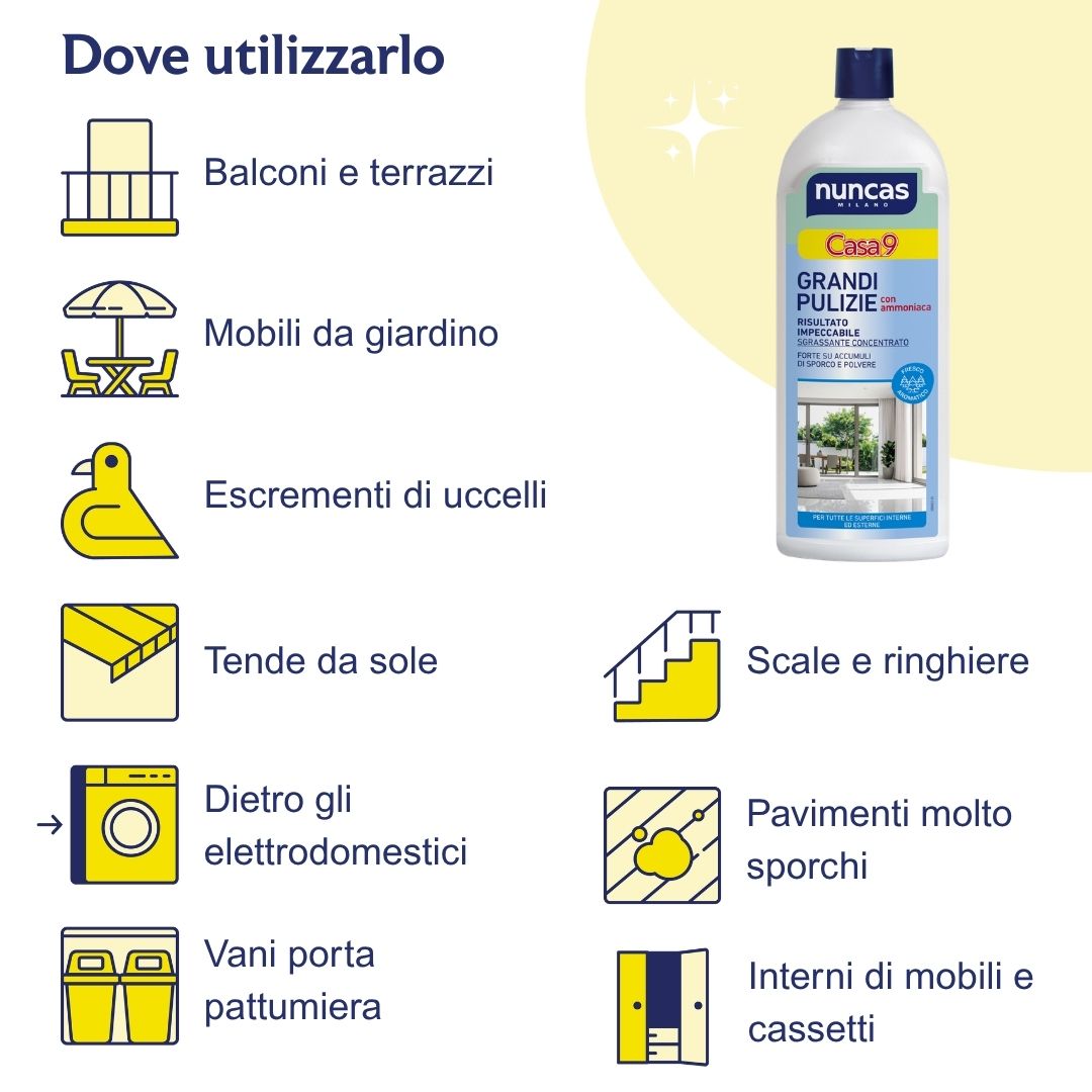 Dove utilizzare Casa9 Grandi Pulizie con ammoniaca? Su superfici come: balconi e terrazzi, mobili da giardino, su piani per togliere escrementi di uccelli, tende da sole, dietro gli elettrodomestici, vani porta pattumiera, scale e ringhiere, pavimenti molto sporchi, interni di mobili e cassetti.