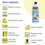 Dove utilizzare Casa9 Grandi Pulizie con ammoniaca? Su superfici come: balconi e terrazzi, mobili da giardino, su piani per togliere escrementi di uccelli, tende da sole, dietro gli elettrodomestici, vani porta pattumiera, scale e ringhiere, pavimenti molto sporchi, interni di mobili e cassetti.