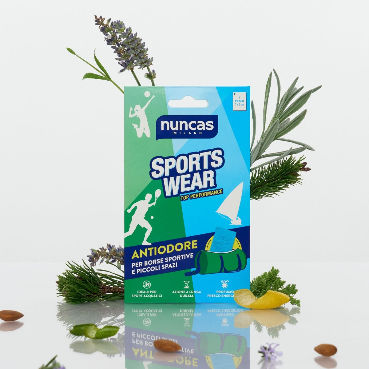 Sportswear Antiodore Borse e Piccoli Spazi Il profumo fresco selezionato da Nuncas rimane a lungo e garantisce un effetto deodorante.