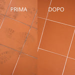 Immagine che mostra la differenza di un pavimento prima e dopo aver pulito con Winto Cotto.