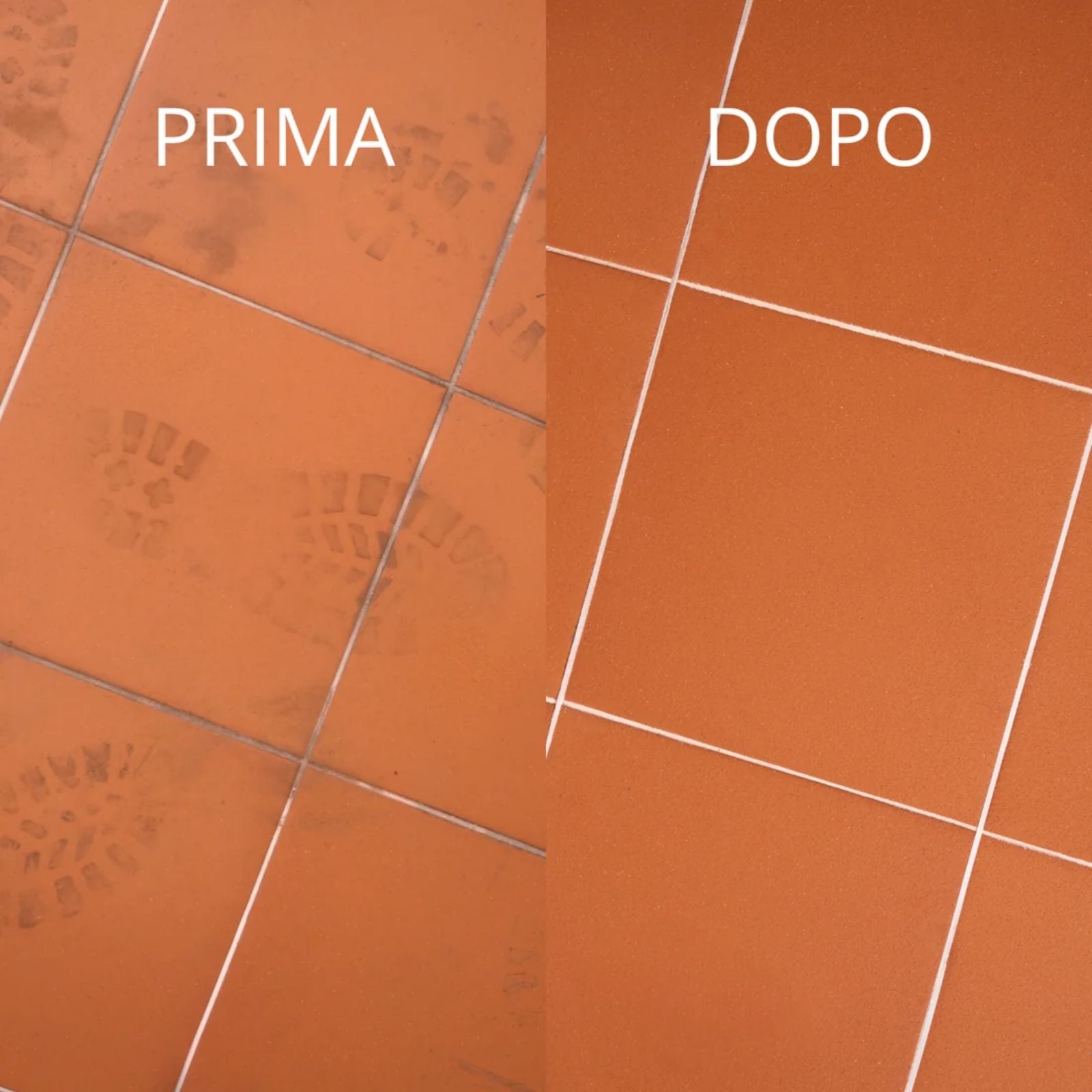 Immagine che mostra la differenza di un pavimento prima e dopo aver pulito con Winto Cotto.