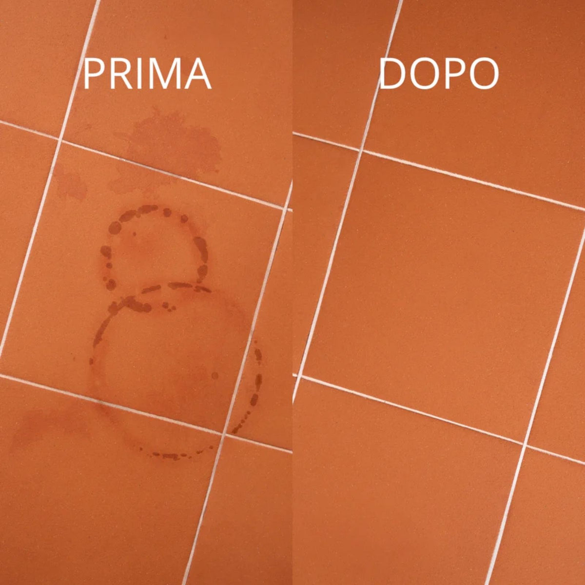 Immagine che mostra la differenza di un pavimento prima e dopo aver pulito con Winto Disincrostante forte per tutte le superfici resistenti agli acidi - 1000 ml. Prima il pavimento presentava macchie di fioriere che poi si sono tolte.
