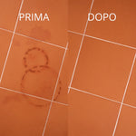 Immagine che mostra la differenza di un pavimento prima e dopo aver pulito con Winto Disincrostante forte per tutte le superfici resistenti agli acidi - 1000 ml. Prima il pavimento presentava macchie di fioriere che poi si sono tolte.
