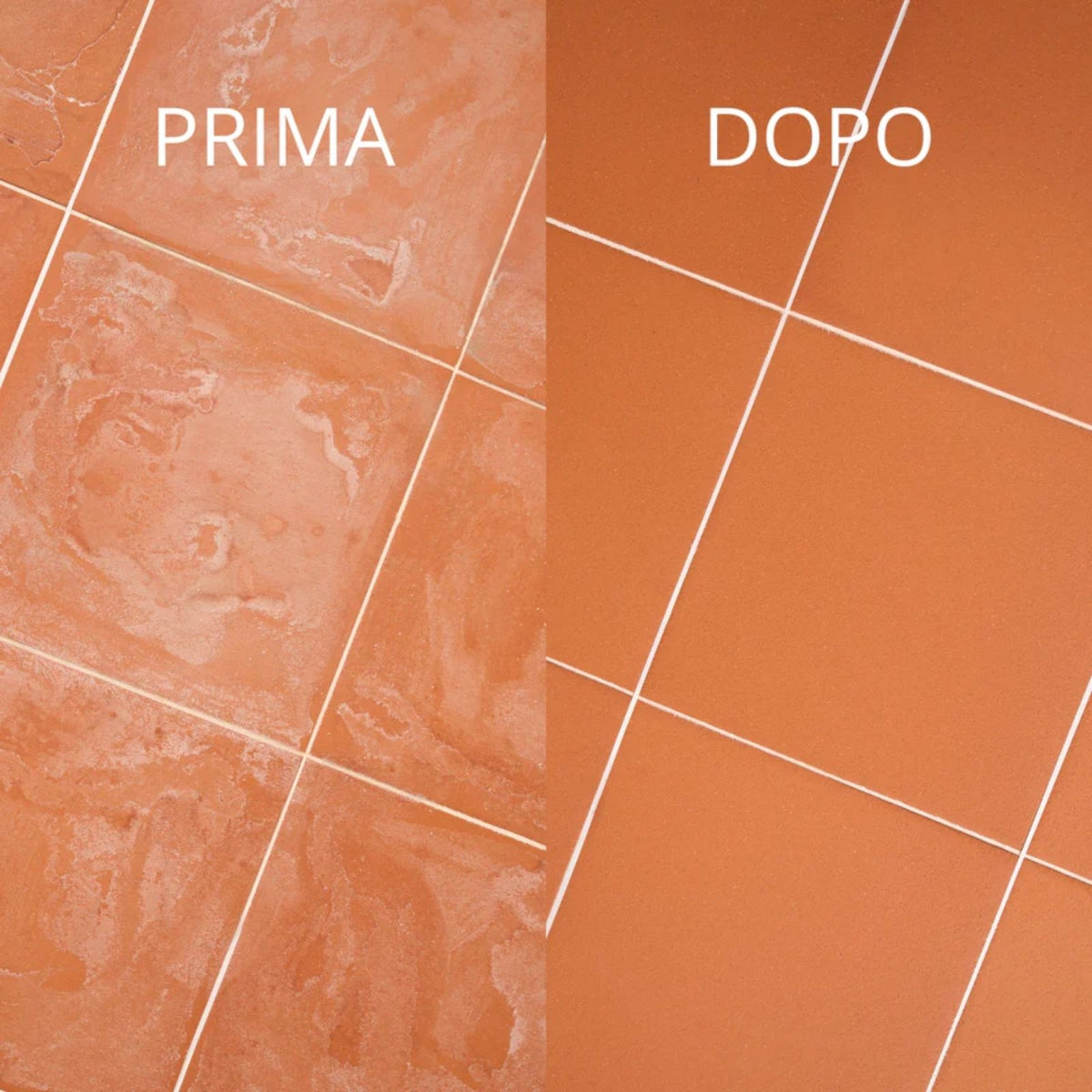 Immagine che mostra la differenza di un pavimento prima e dopo aver pulito con Winto Disincrostante forte per tutte le superfici resistenti agli acidi - 1000 ml. Prima il pavimento in cotto aveva residui di cantiere che poi si sono tolti.