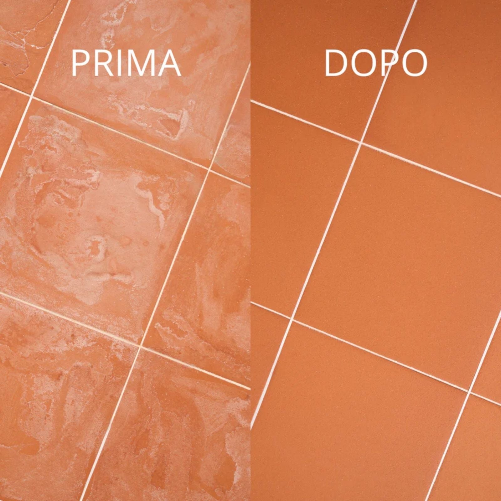 Immagine che mostra la differenza di un pavimento prima e dopo aver pulito con Winto Disincrostante forte per tutte le superfici resistenti agli acidi - 1000 ml. Prima il pavimento in cotto aveva residui di cantiere che poi si sono tolti.
