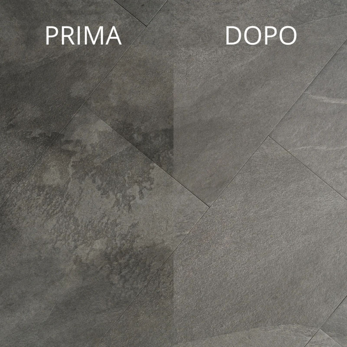 Immagine che mostra la differenza di un pavimento prima e dopo aver pulito con Winto Gres.
