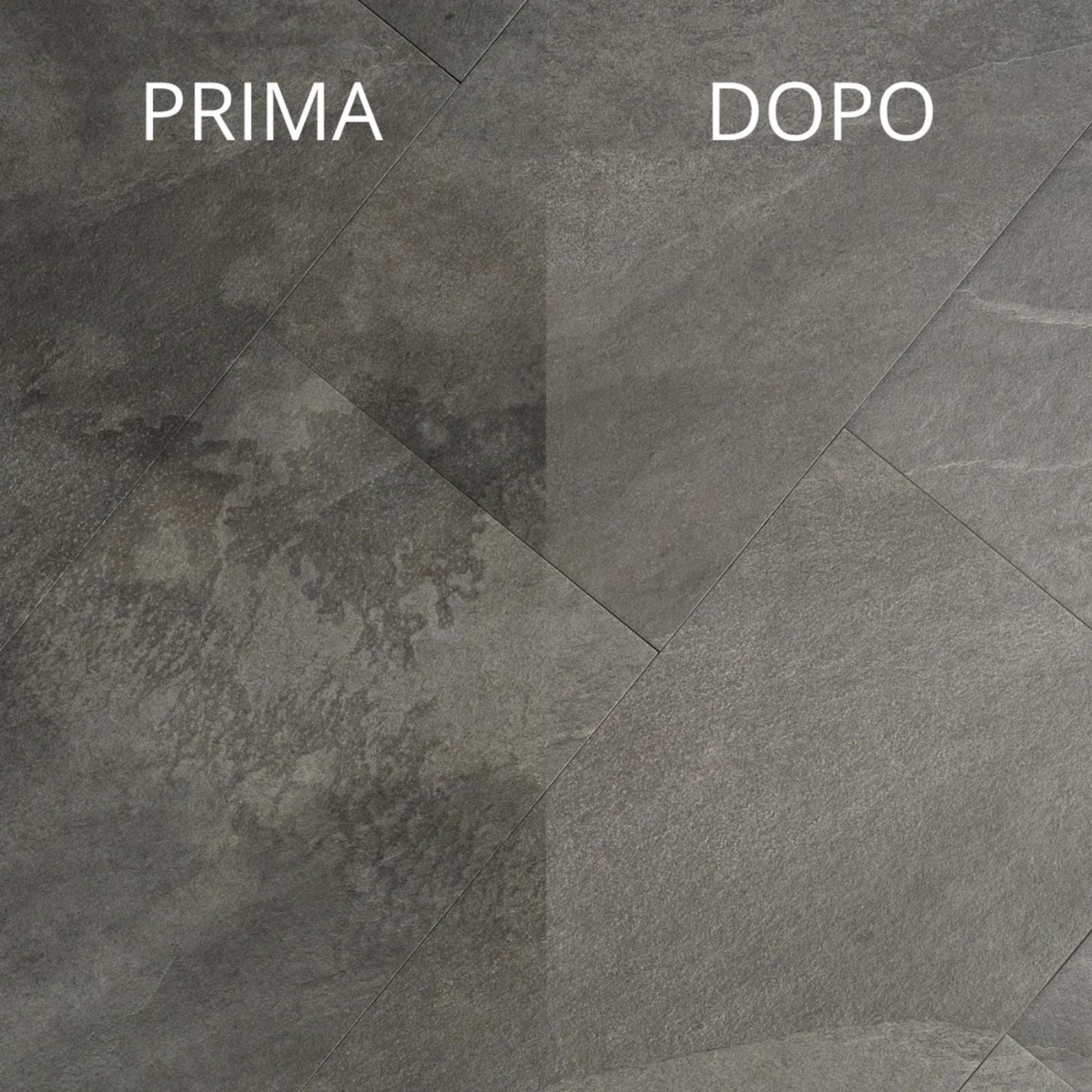 Immagine che mostra la differenza di un pavimento prima e dopo aver pulito con Winto Gres.