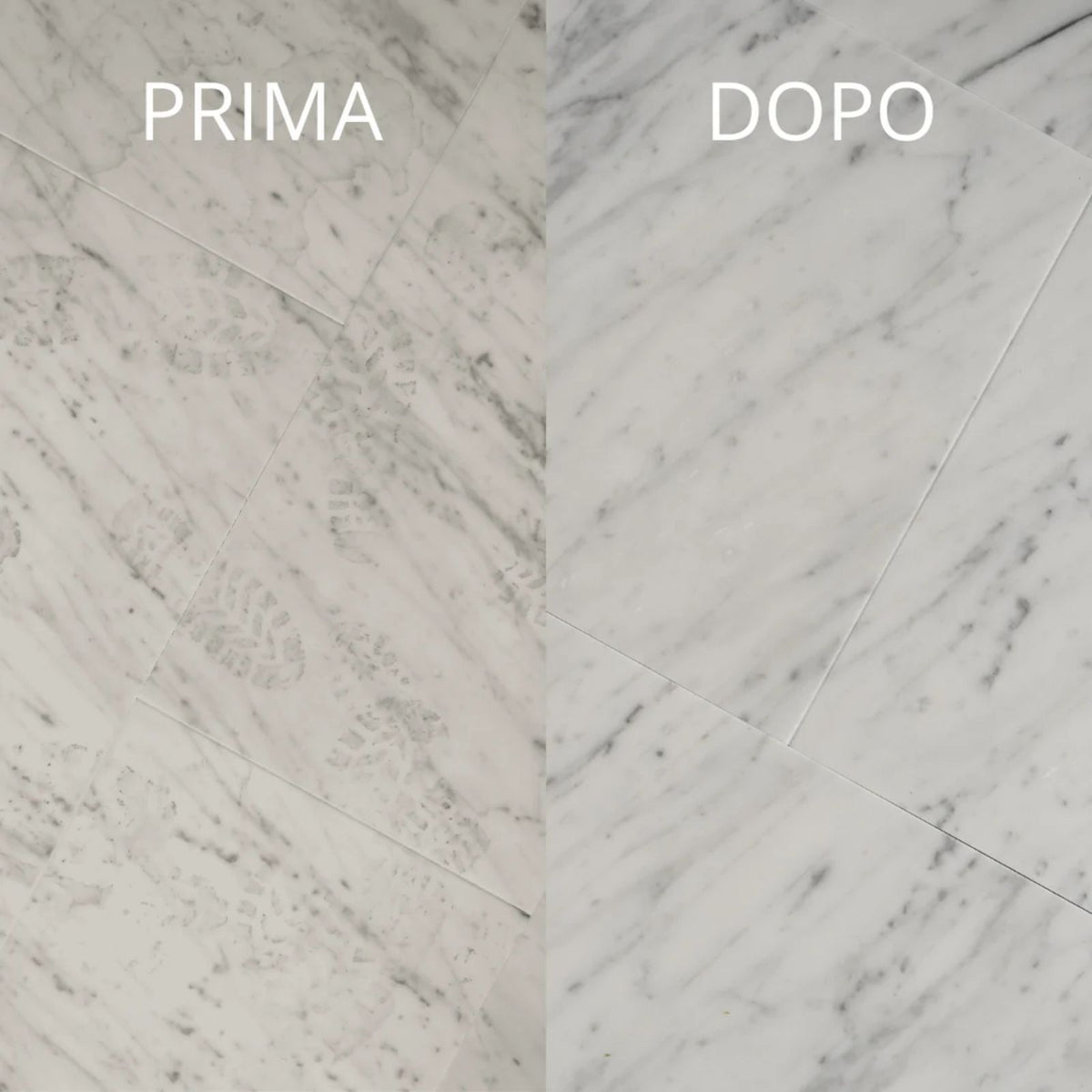 Immagine che mostra la differenza di un pavimento prima e dopo aver pulito con Winto Marmo Detergente neutro. 