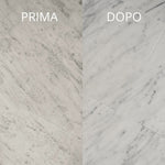 Immagine che mostra la differenza di un pavimento prima e dopo aver pulito con Winto Marmo Detergente neutro. 