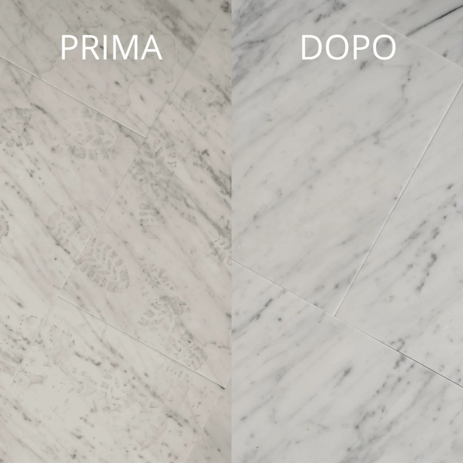 Immagine che mostra la differenza di un pavimento prima e dopo aver pulito con Winto Marmo Detergente neutro. 