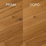 Immagine che mostra la differenza di un pavimento prima e dopo aver pulito con Winto Parquet.