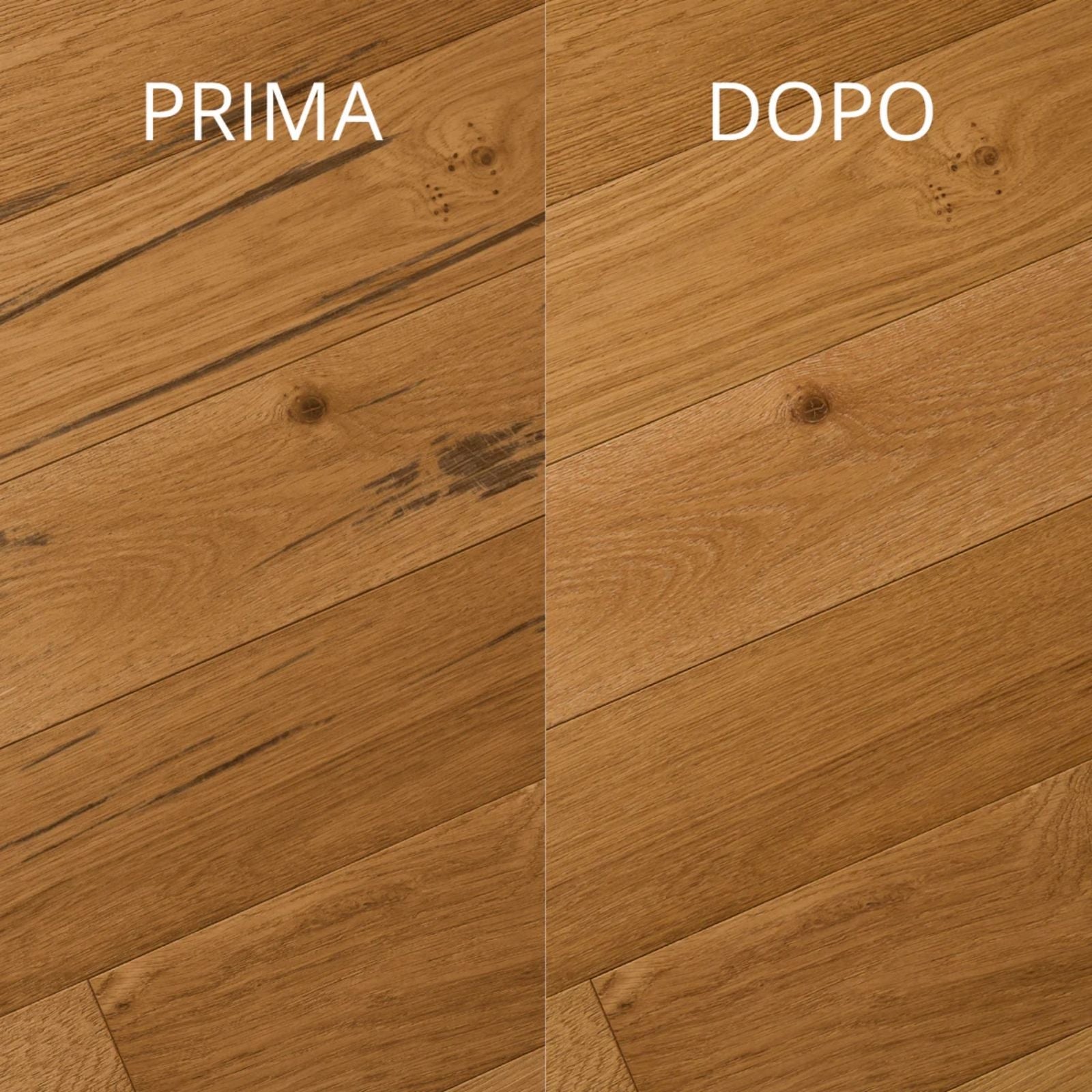 Immagine che mostra la differenza di un pavimento prima e dopo aver pulito con Winto Parquet.