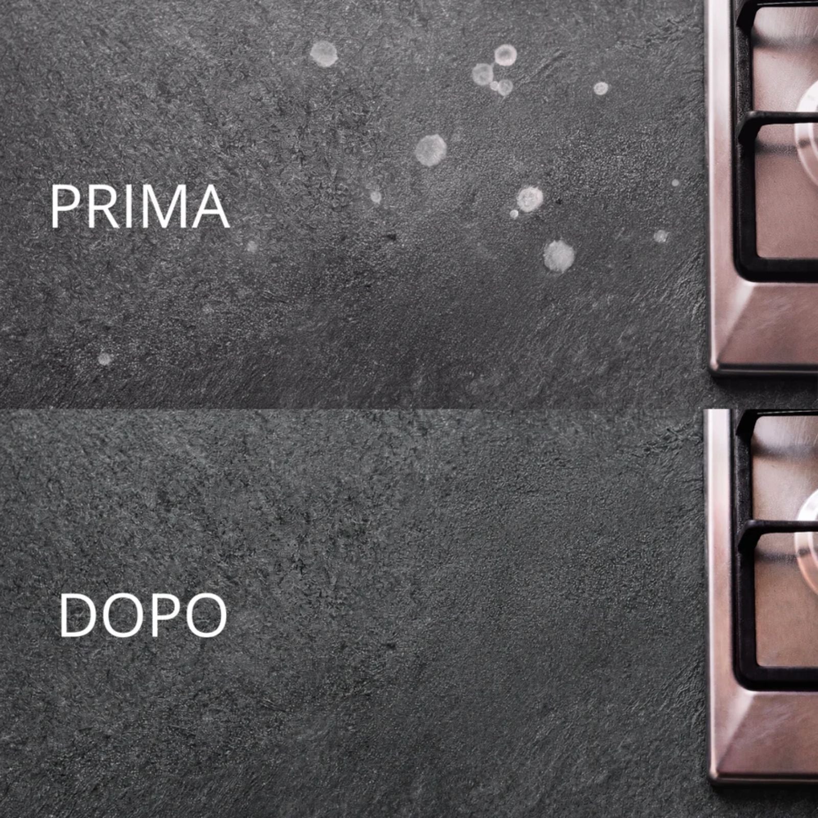 Immagine che mostra la differenza di una superficie di un piano cottura prima e dopo aver pulito con Winto Bel Gres.