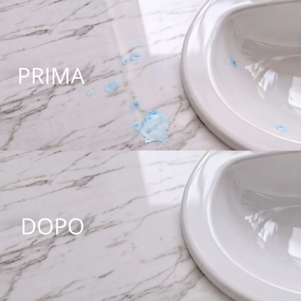 Immagine che mostra la differenza di una superficie del bagno in marmo  prima e dopo aver pulito con Winto Bel marmo.