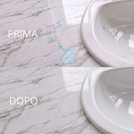 Immagine che mostra la differenza di una superficie del bagno in marmo  prima e dopo aver pulito con Winto Bel marmo.
